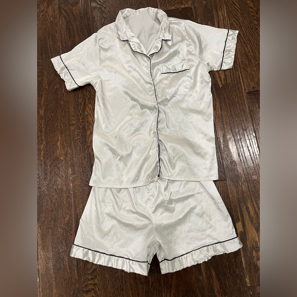 Silky Cream Pajama Set with Black Trim
